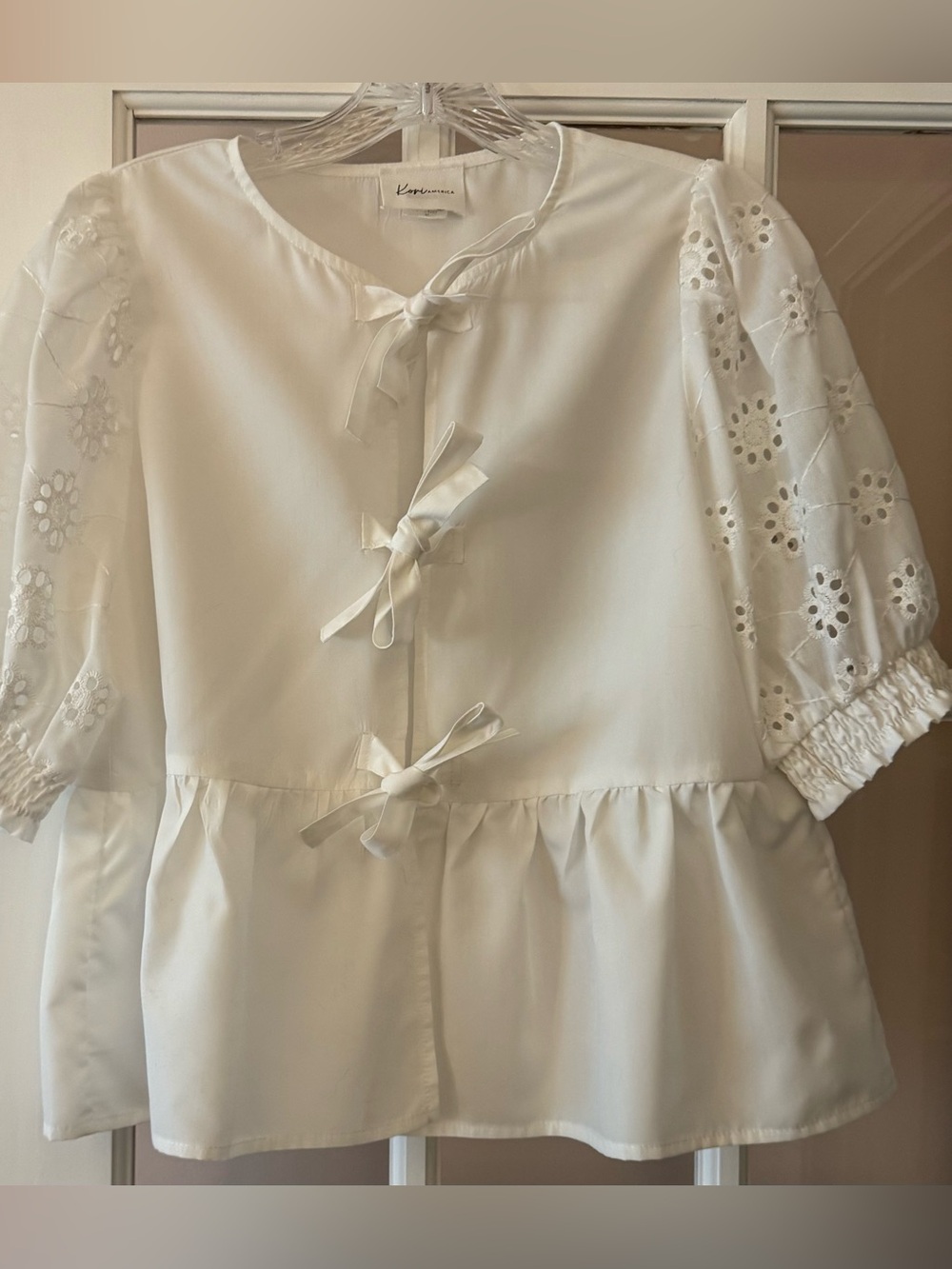 EUC Kori America eyelet front tie blouse
